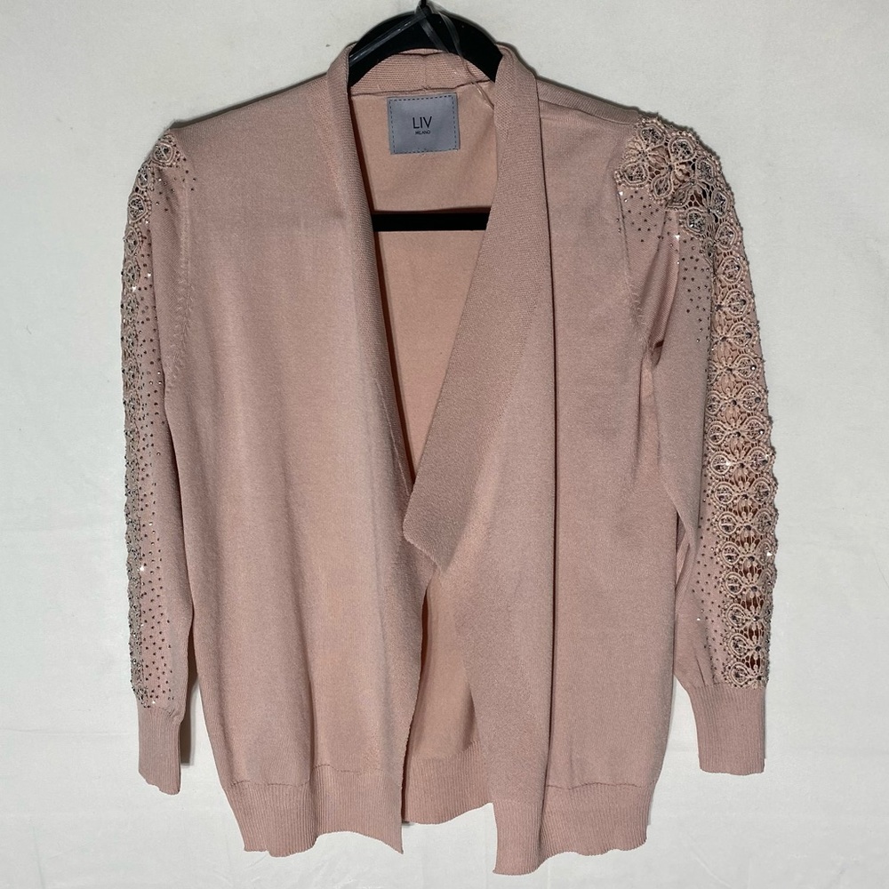 Liv Milano Light Pink Open Front Cardigan W Sparkly Lace Embellished Sleeves XS
